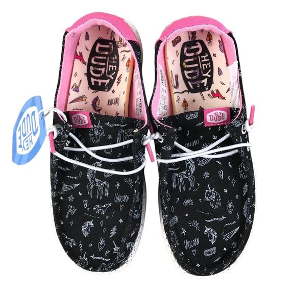 HEY DUDE Wendy Youth Girl Unicorn Black Shoes Y4 Kidcore Vacation Travel NWT - Picture 4 of 13